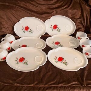 Vintage milk glass lunch plates with matching cups